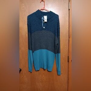 Long Tunic Length Sweater Blue, Charcoal Gray and Turquoise Large